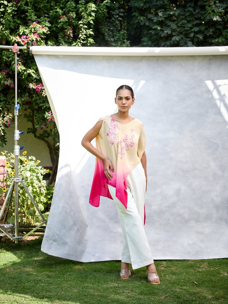 Pink Ombre Embroidered Kaftan Draped Top