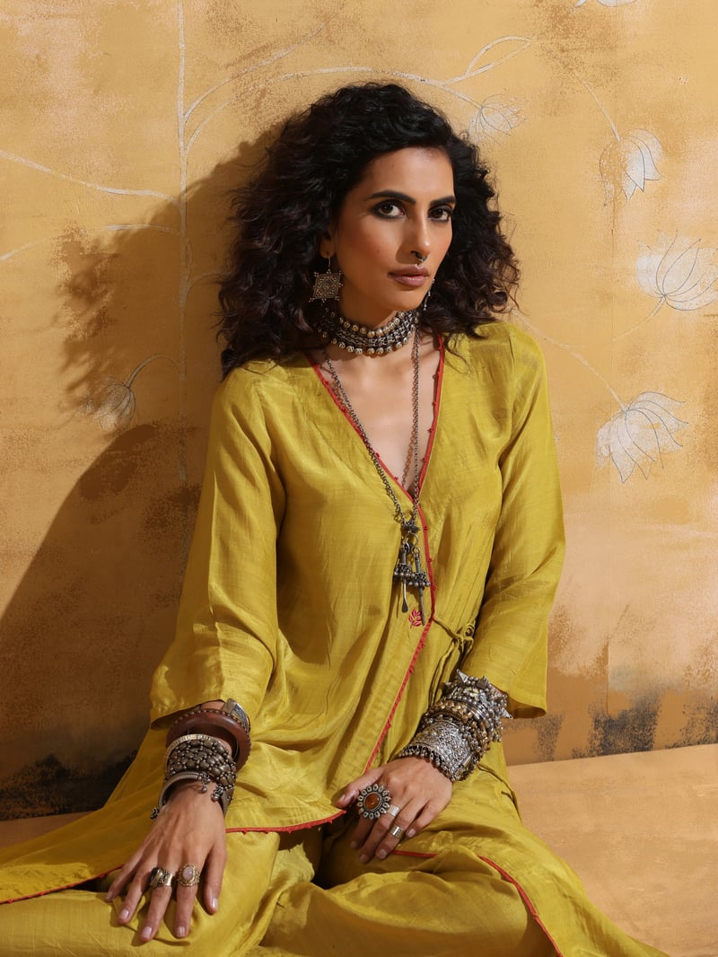 Lime Muslin Silk Angrakha Kurta and Pant Set