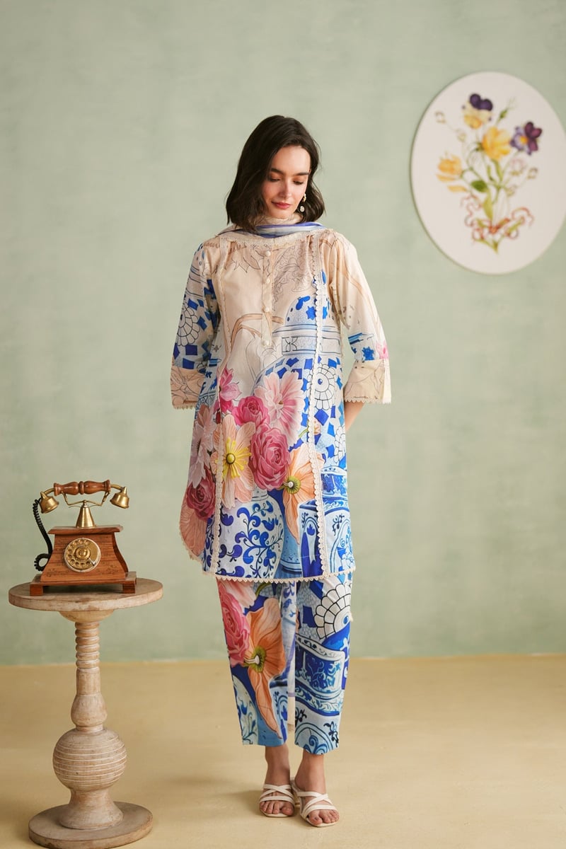 Beige/Blue Printed Cotton Lawn Suit Set