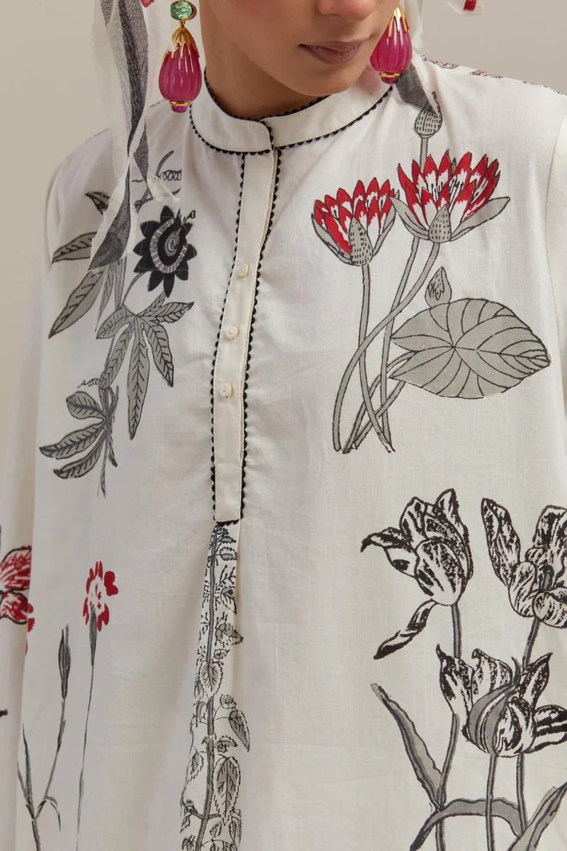 Off-White Floral Printed Straight Cotton Kurta Set with Dupatta