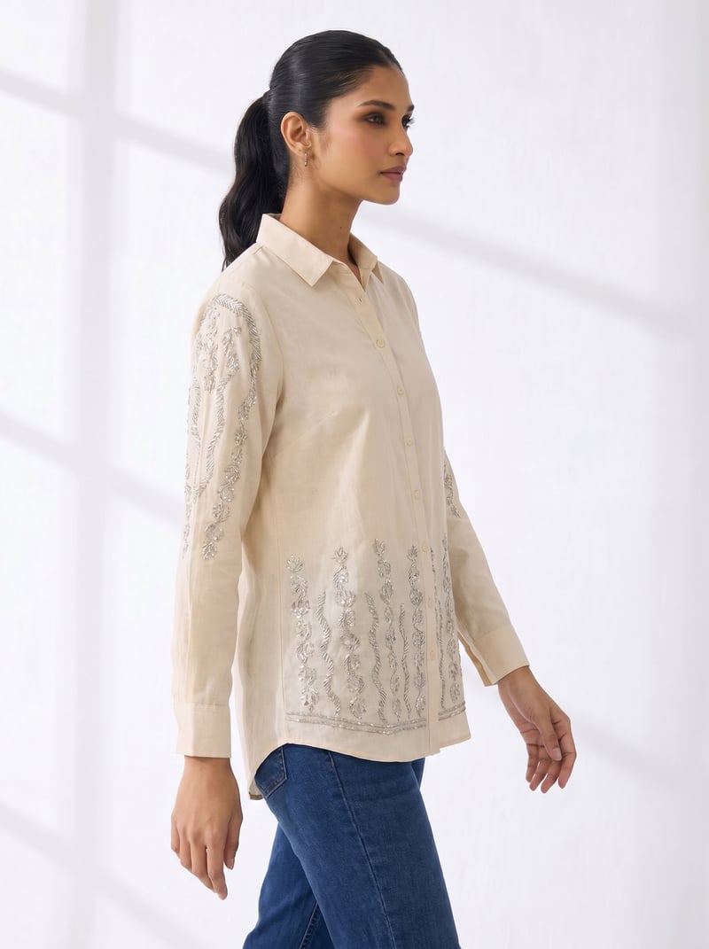 Cream Cotton Embroidered Button-Down Shirt