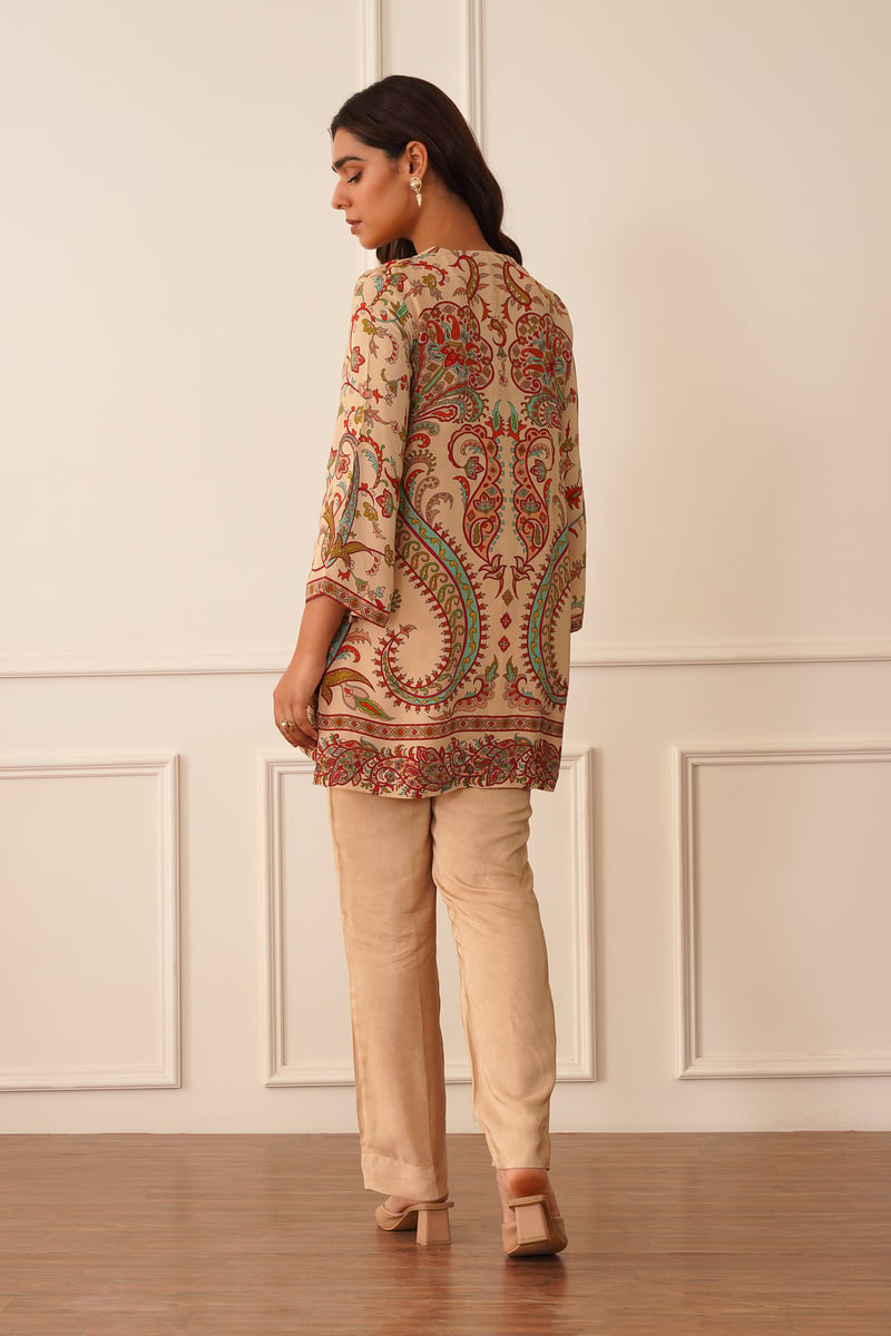 Beige Printed Crepe Co-ord Set with Straight Pants