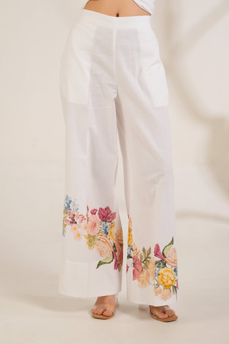 White Floral Printed Kurta Shirt and Trouser Set