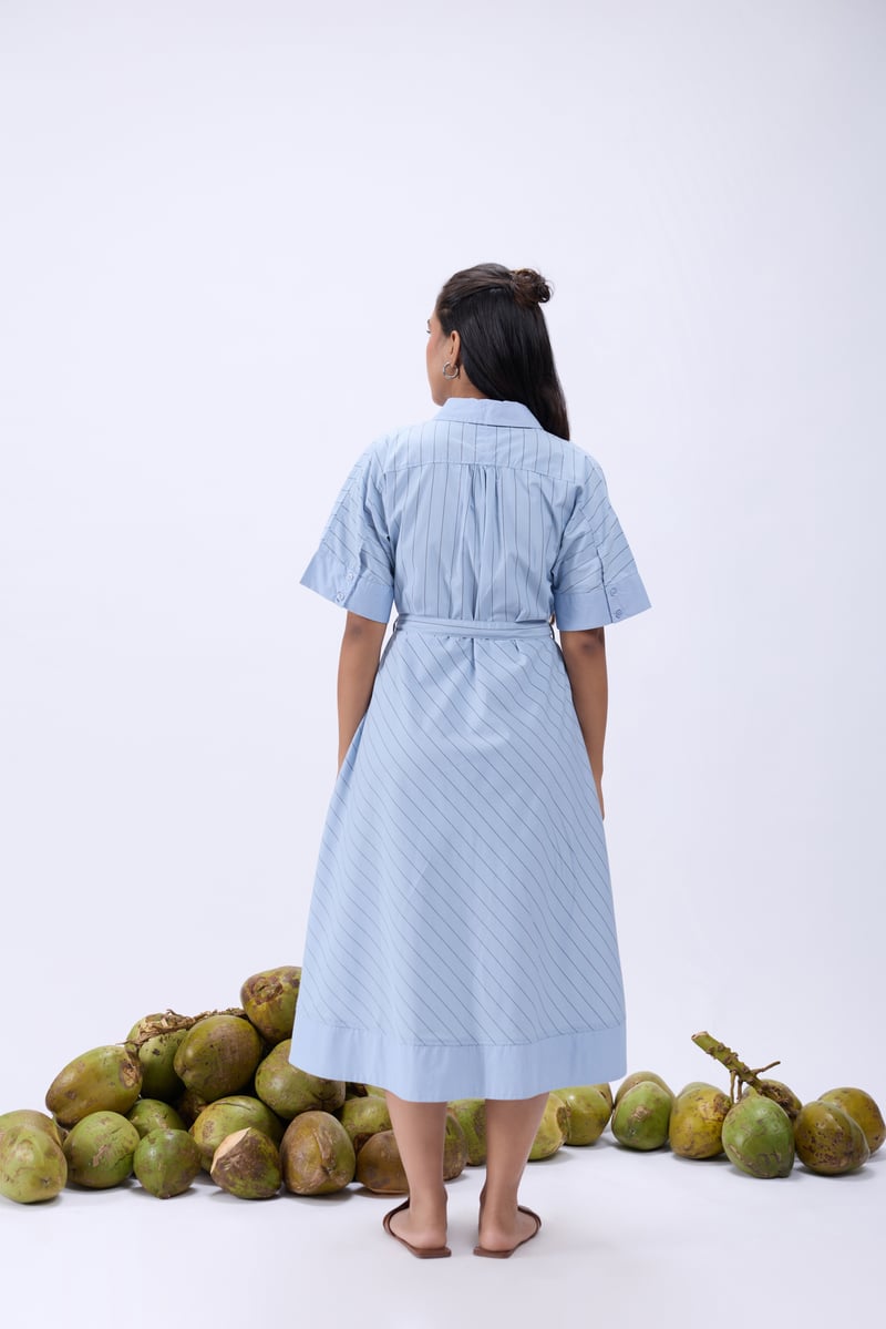 Blue Striped Cotton Poplin Midi Shirt Dress with Belt