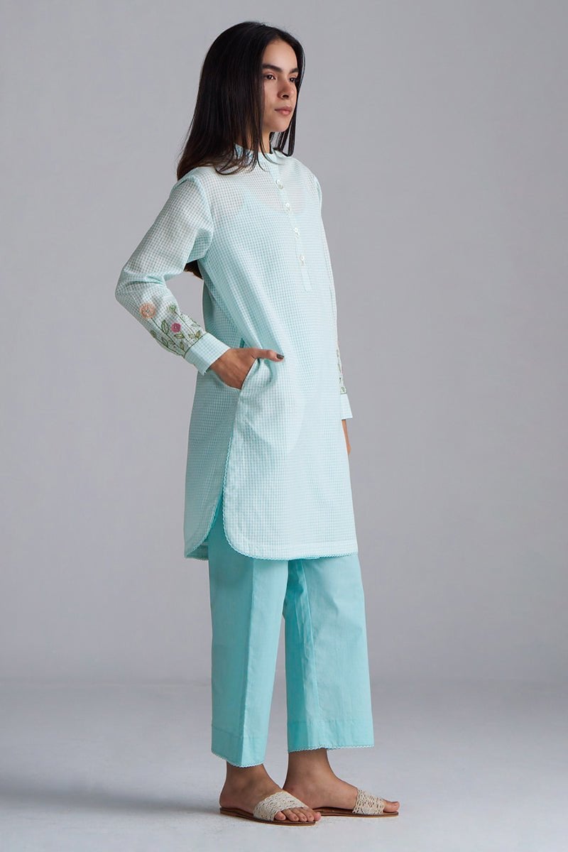 Eggshell Blue Mini-Check Cotton Co-ord Set with Slip