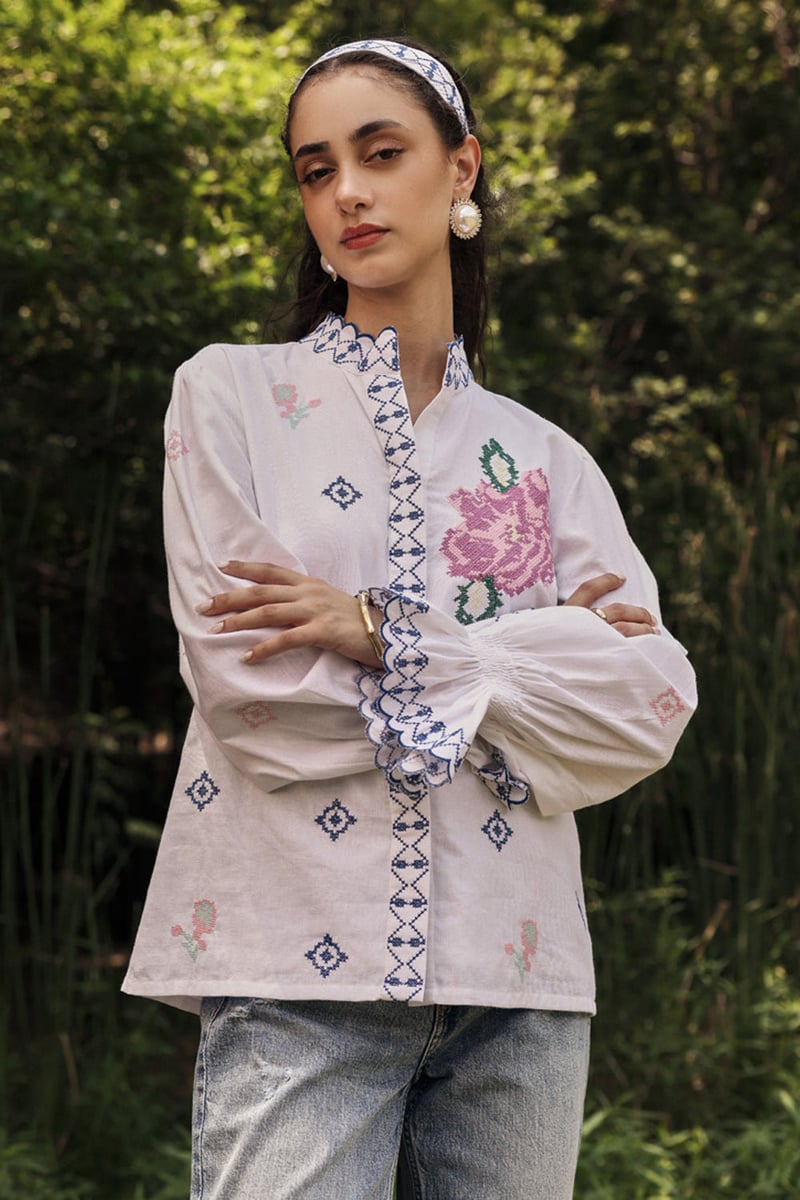 White Cotton Linen Embroidered Mandarin Collar Blouse