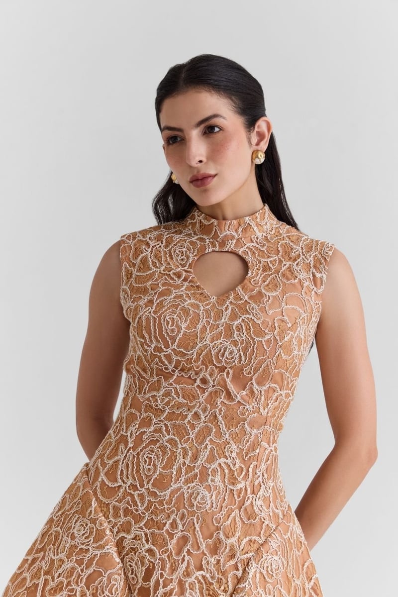 Beige Lace Fit and Flare Mini Dress with Keyhole Neck