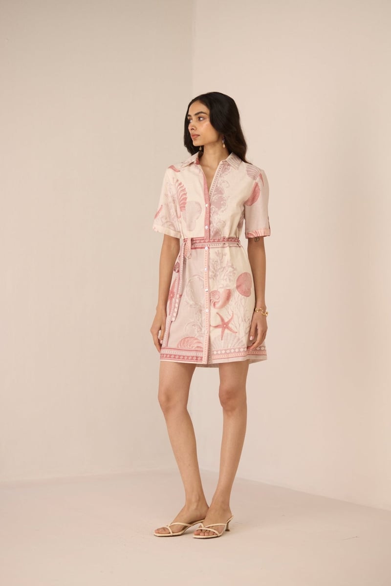 Marine Mauve Sea-Life Print Mini Shirt Dress