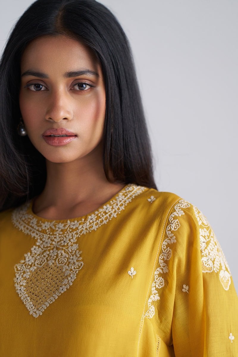 Mango Yellow A-Line Embroidered Kurta Set with Dupatta