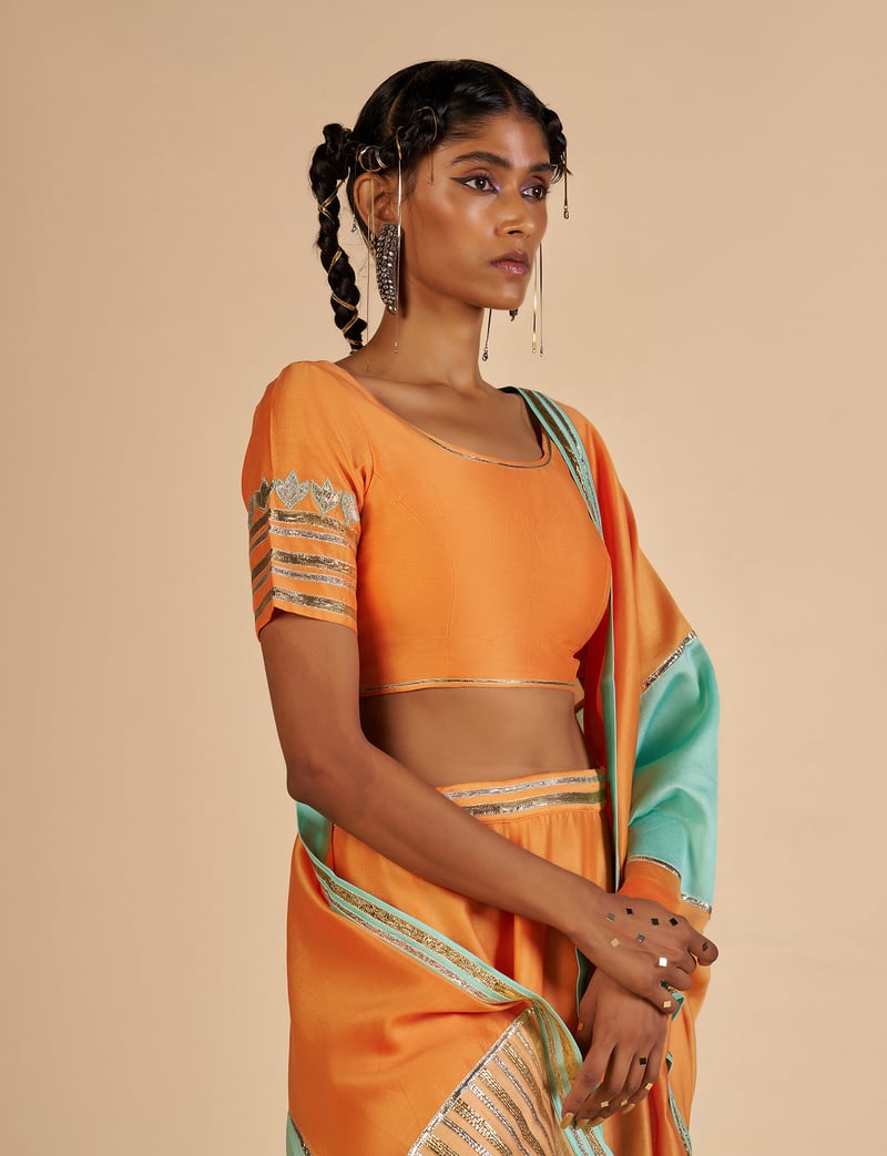 Orange Silk Chanderi Maxi Skirt with Aqua Gota Border