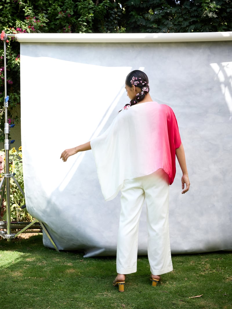 White Pink Ombre Kaftan Top with 3D Floral Embroidery