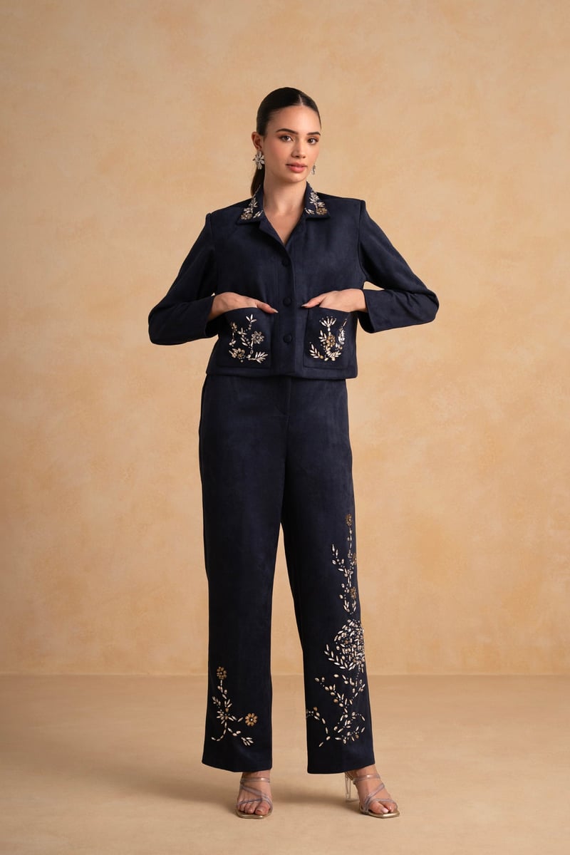 Night Blue Suede Embellished Jacket and Pant Co-ord Set
