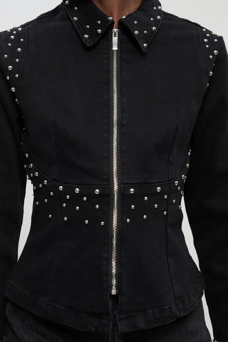 Black Studded Zip-Up Collared Jacket