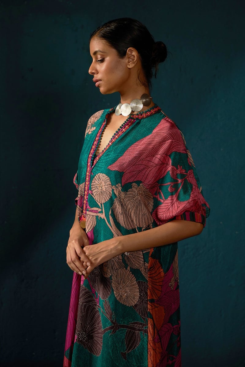 Bottle Green Printed Chiffon Kurta Set with Striped Pants