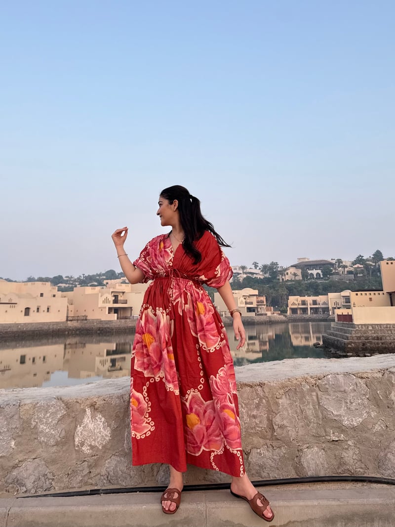 Red Pink Floral Printed Maxi Dress with Puff Sleeves