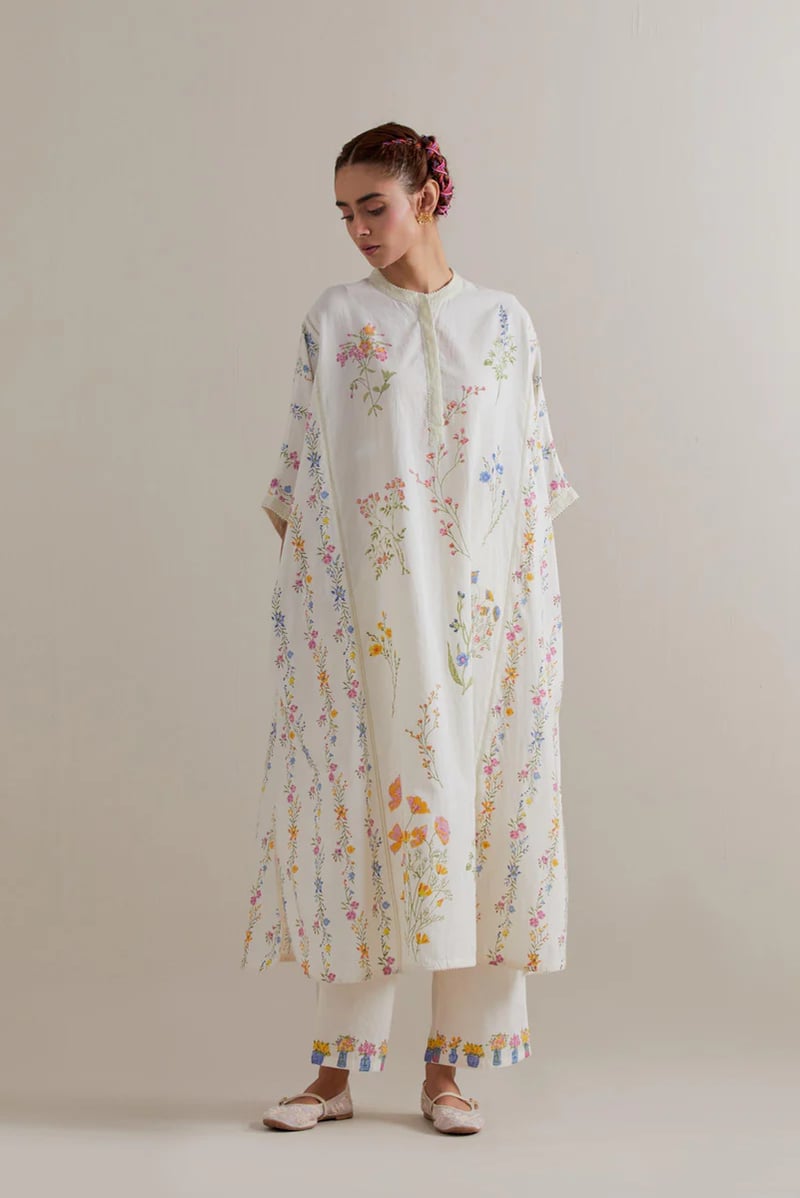 Off-White Floral Printed Cotton Kaftan — Upavita