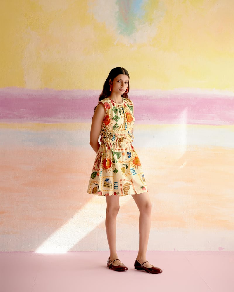Yellow Tropical Print Sleeveless Cotton Knee-Length Dress