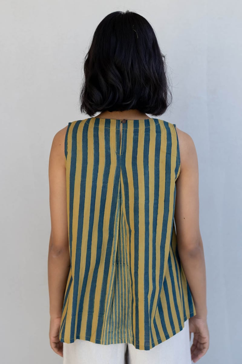 Mustard and Teal Striped Sleeveless V-Neck Cotton Top
