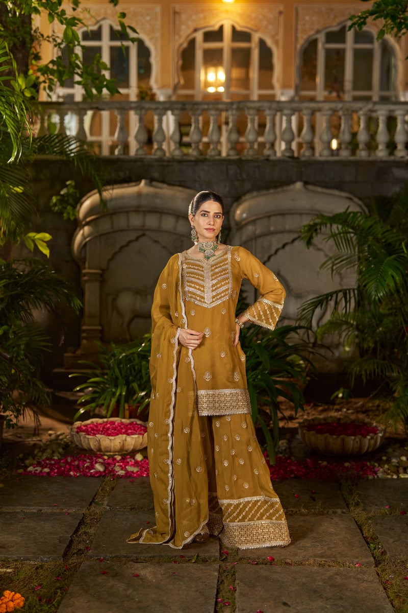 Yellow Organza Embroidered Kurta Sharara Set with Dupatta — NARAYANI VASTRA
