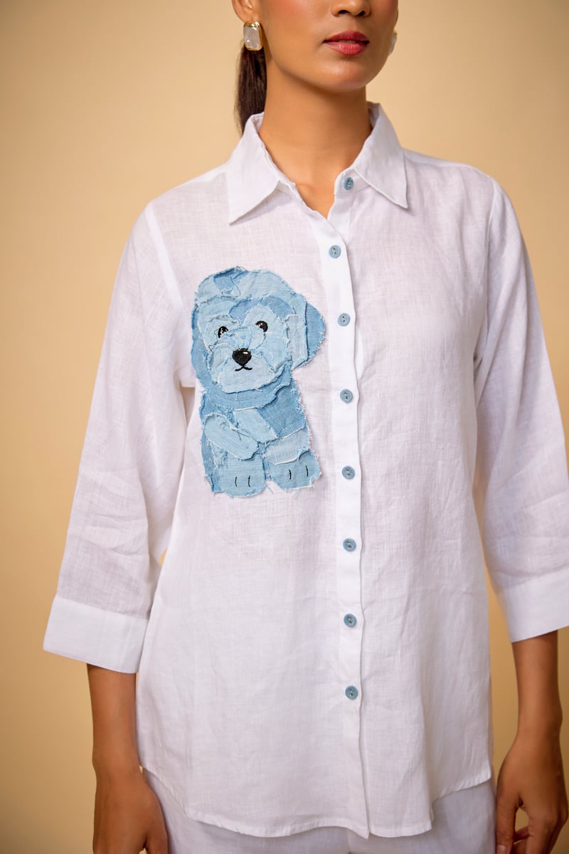 White Linen Relaxed-Fit Shirt with Chest Applique