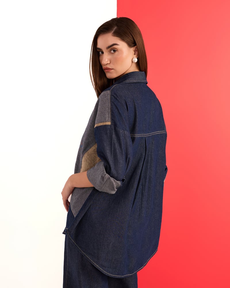 Denim and Beige Colorblocked Relaxed-Fit Shirt