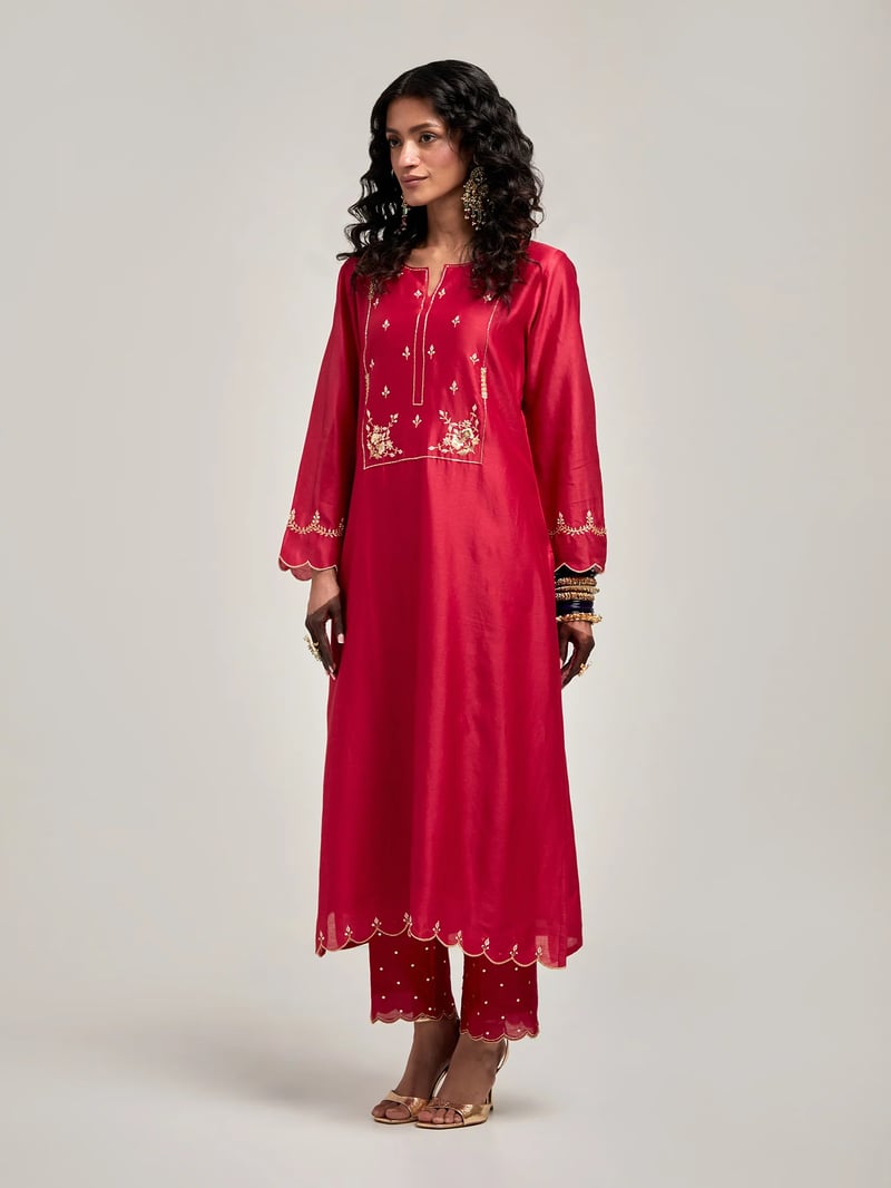 Red Silk Chanderi Embroidered Yoke Kurta Pant Set — Anantaa