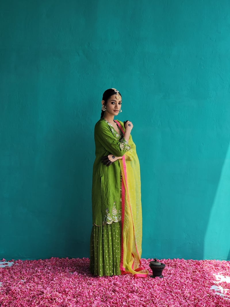 Mehendi Green Embroidered Kurta Sharara Set with Dupatta