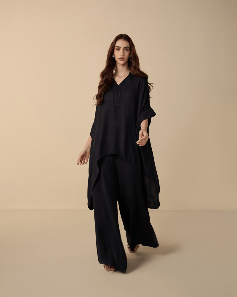 Black Kaftan Top and Wide-Leg Pants Co-ord Set