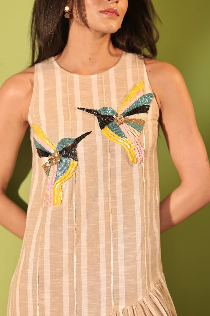 Beige Striped Cotton Midi Dress with Hummingbird Embellishment