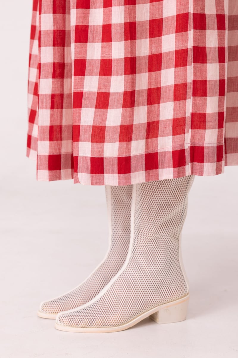 Red Checked Handwoven Cotton Midi Skirt with Box Pleats