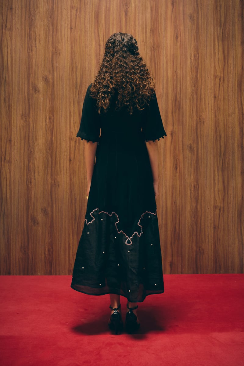 Black A-Line Midi Dress with Embroidered Organza Hem