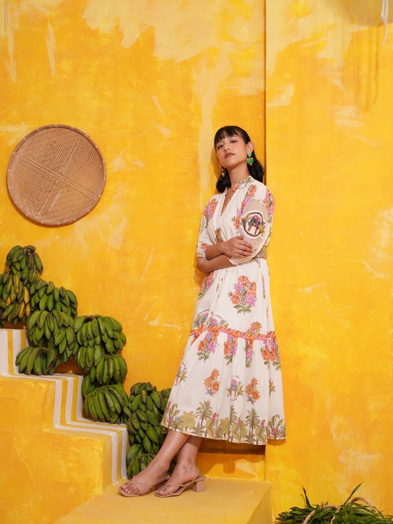 Off White Tropical Printed Button-Down Tiered Midi Dress