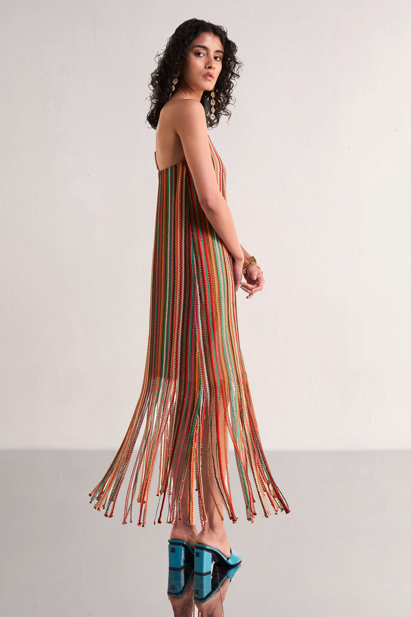 Multicolour Halter Neck Fringe Crochet Knit Midi Dress