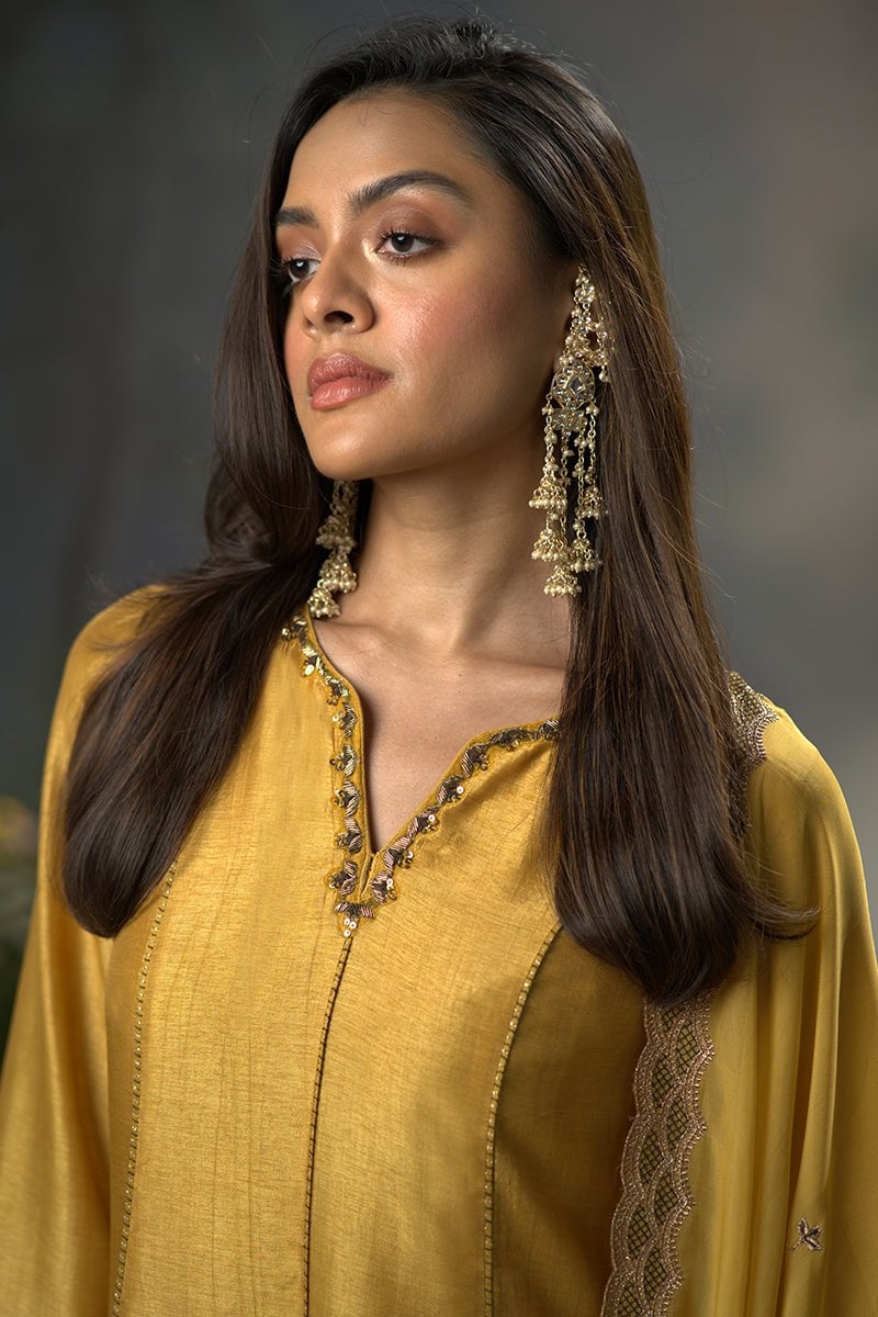 Honey Gold Raw Silk Anarkali Kurta Set with Dupatta
