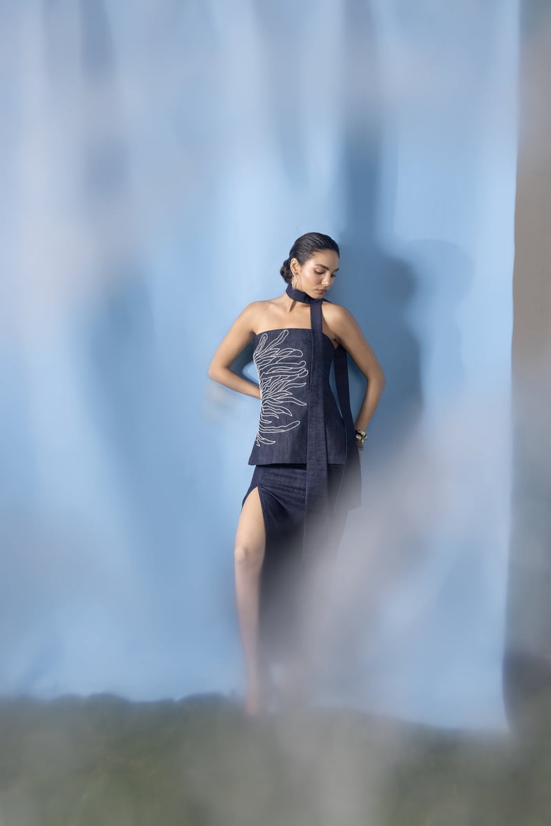 Navy Denim Tube Top and Maxi Slit Skirt Co-ord Set