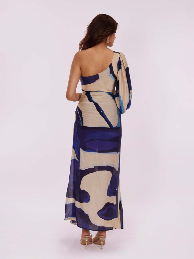 Blue Abstract One-Shoulder Maxi Dress with Balloon Sleeve
