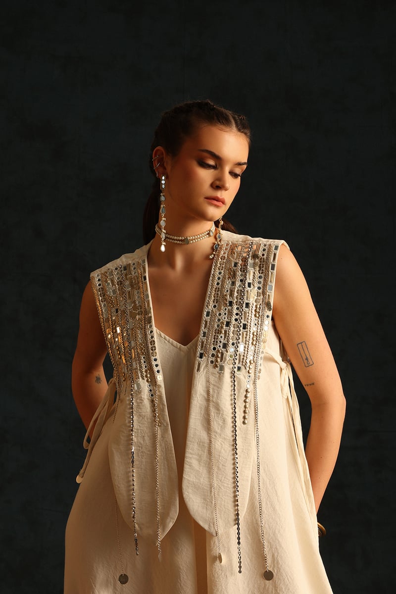 Off-White V-Neck Jumpsuit Set with Embellished Waistcoat