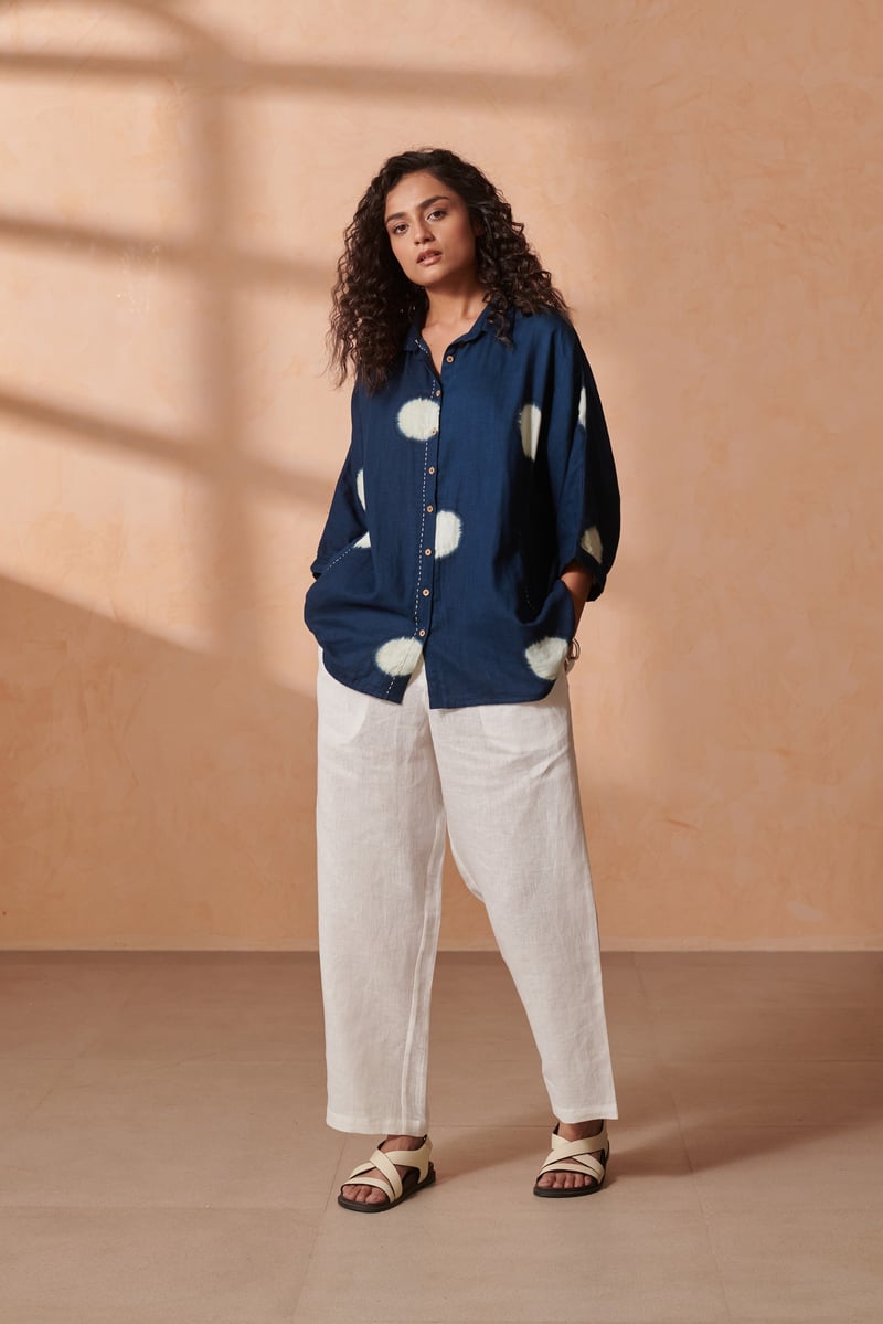 Indigo Ivory Dot Boxy Button-Down Double Gauze Cotton Shirt