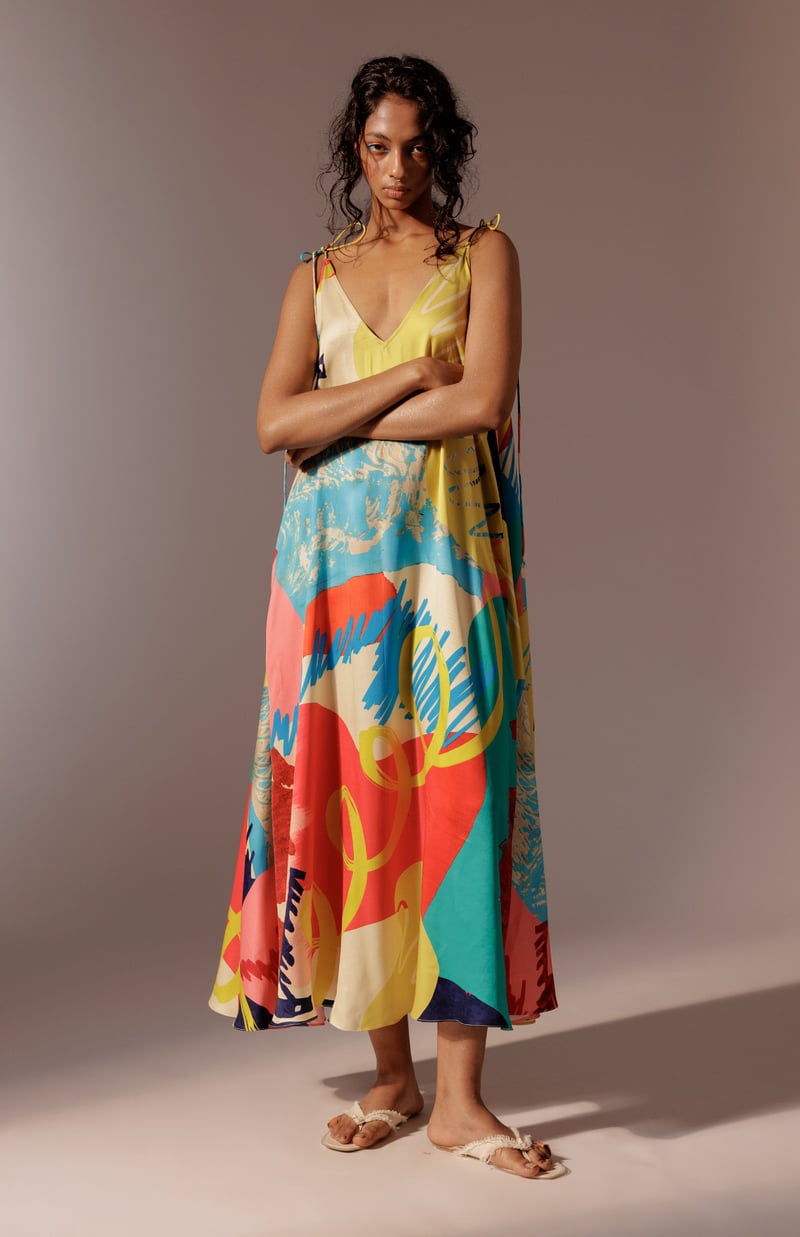 Multicolor Abstract Print Tie-Up Strap Satin Maxi Dress