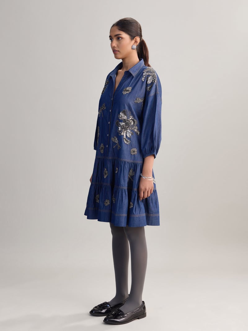Blue Denim Embellished Tiered Midi Shirt Dress