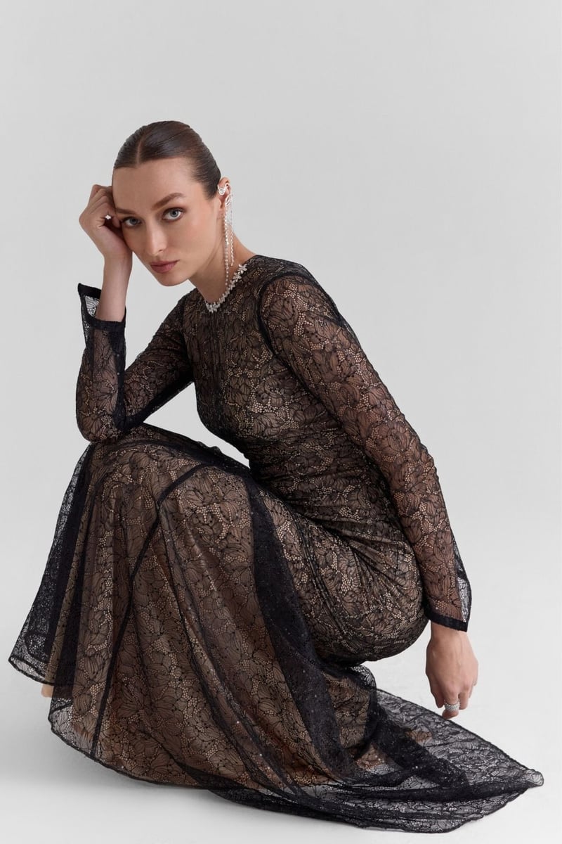Black Lace Fit and Flare Maxi Dress with Full Sleeves