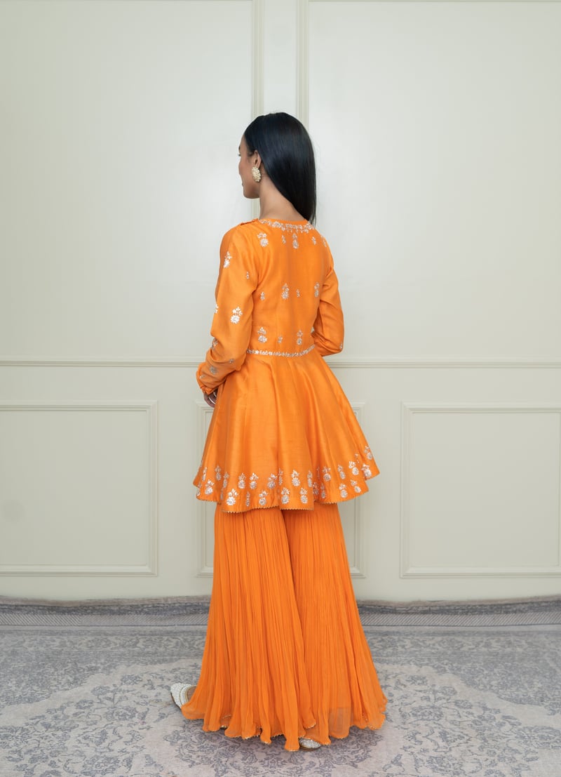 Pumpkin Orange Embroidered Peplum Kurta Garara Set