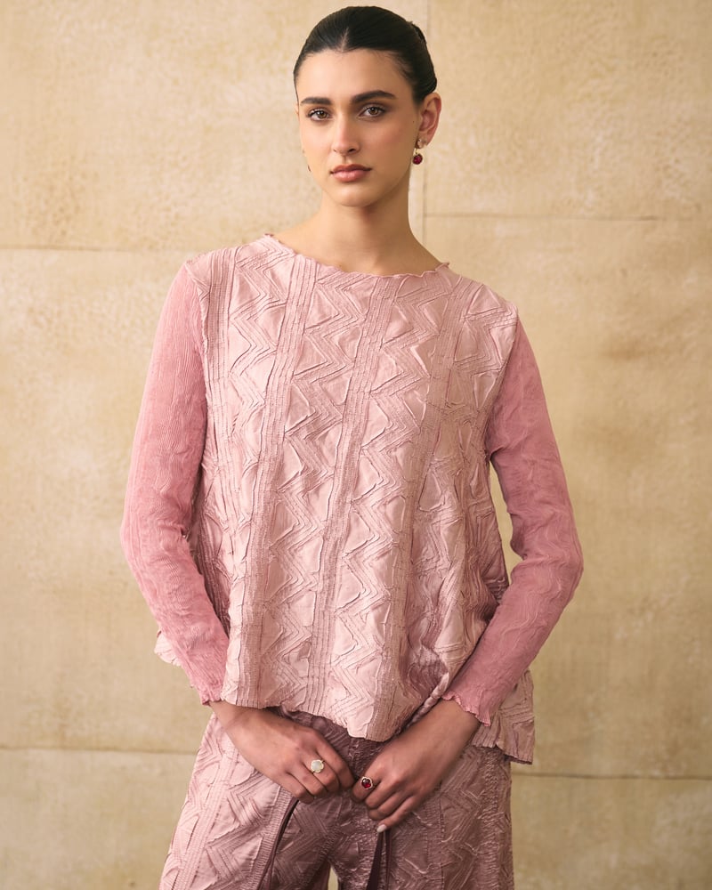 Nude Pink Textured Co-ord Set with Wide-Leg Pants