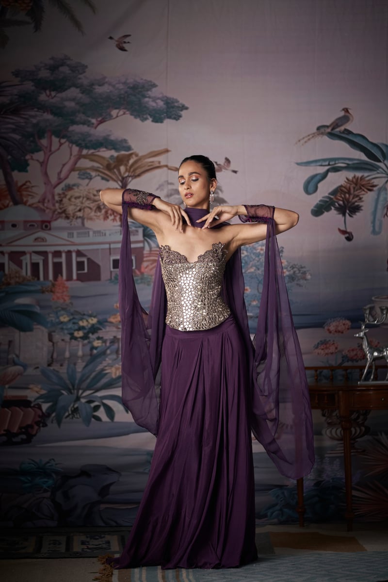 Purple Mirror-Work Corset Lehenga Set with Dupatta