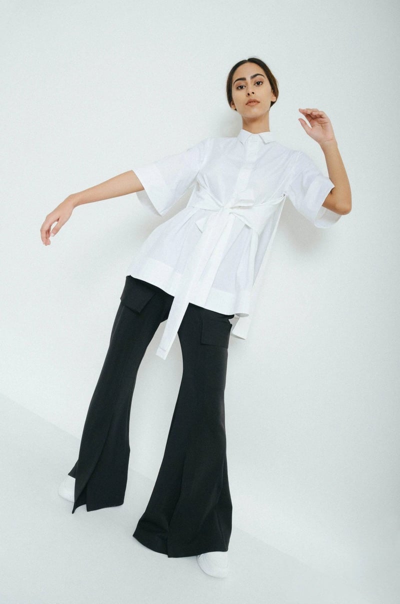 White Tie-Up Belted Cape-Back Shirt
