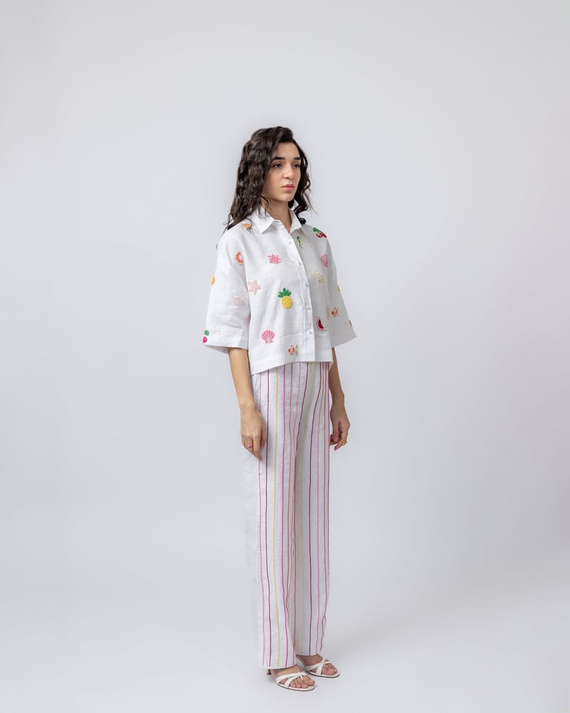 White Linen Hand-Beaded Motif Shirt