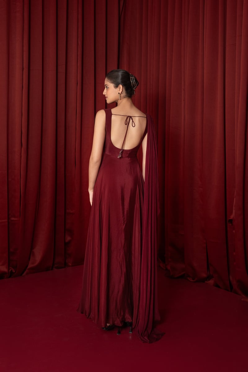 Maroon Chiffon Maxi Gown with Sweetheart Neckline