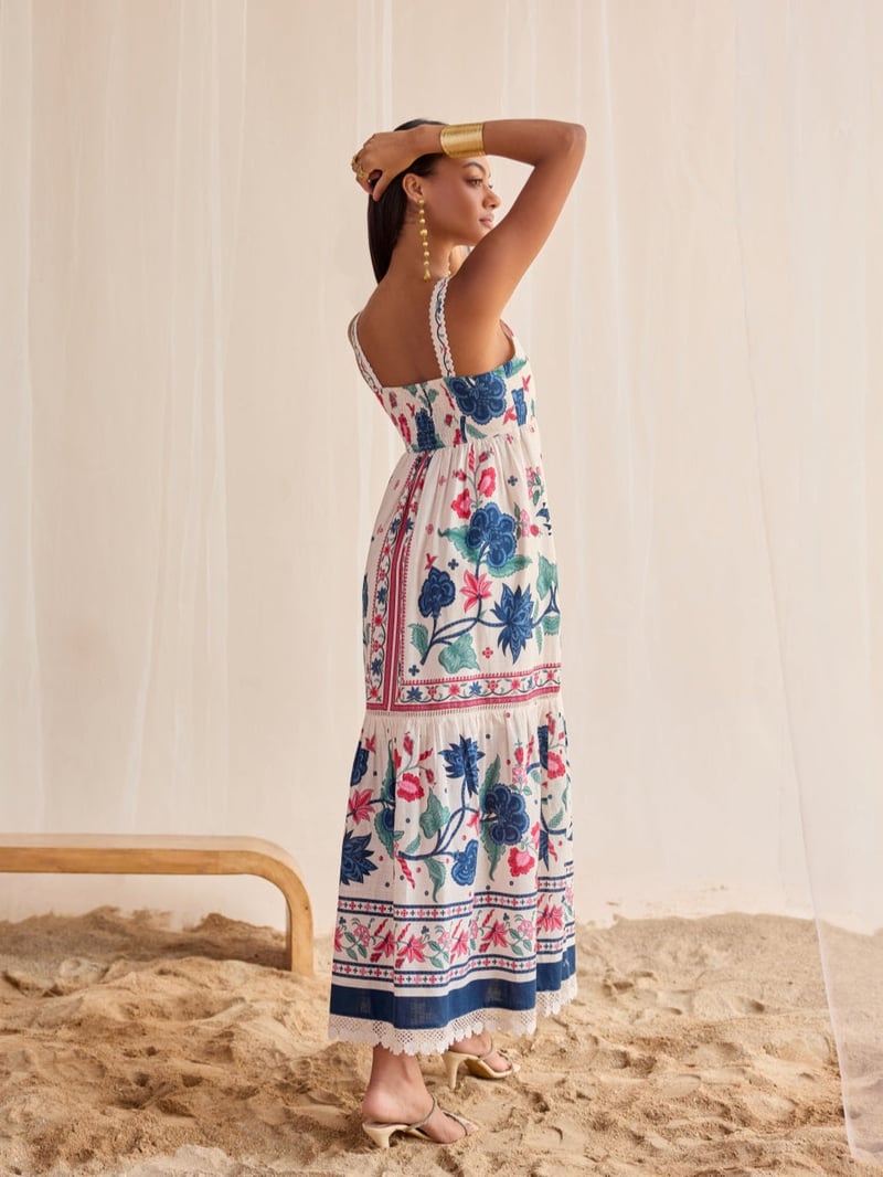 White Floral Printed Cotton Maxi Dress with Lace Trim