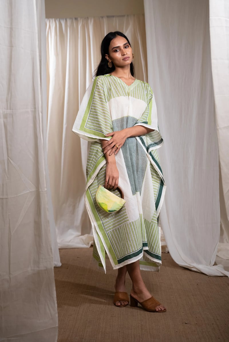 White Striped Cotton Kaftan with V-Neck