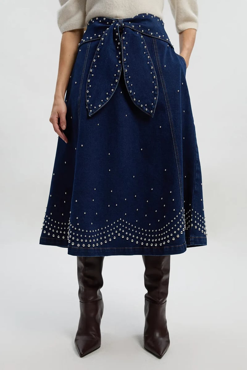 Dark Blue Studded A-Line Midi Skirt with Tie Waist